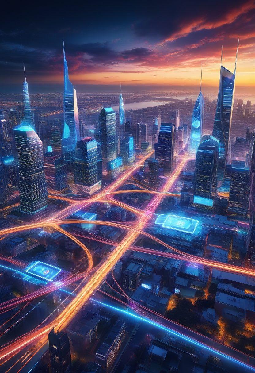 A vibrant digital landscape showcasing various e-solutions like mobile apps, cloud computing, and smart gadgets connected by glowing lines representing connectivity. In the foreground, diverse individuals are joyfully using these tools, highlighting the theme of efficiency and happiness. The background features a bright, futuristic city skyline symbolizing progress. super-realistic. vibrant colors. 3D.
