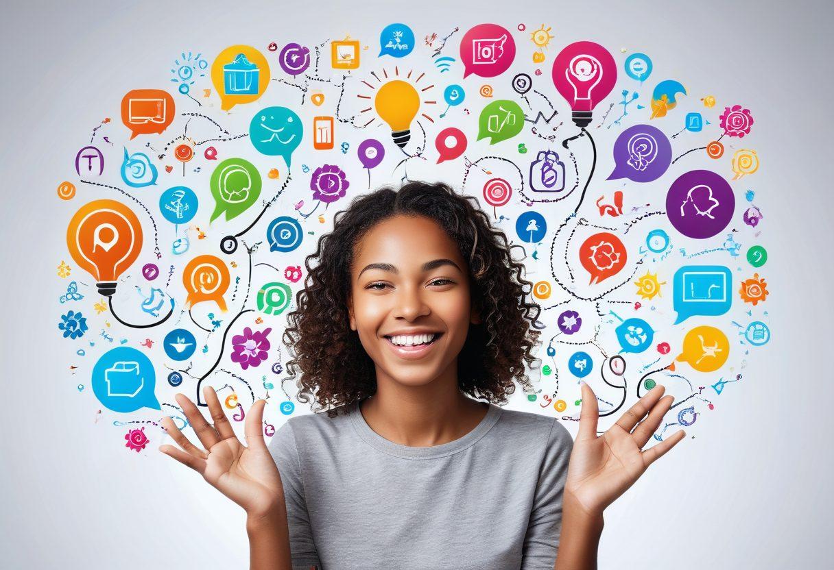 A person joyfully interacting with various innovative digital tools and gadgets, surrounded by colorful icons representing happiness, connectivity, and creativity. The background features a bright, sunny environment symbolizing a positive mindset, with abstract elements of technology harmonizing with nature. super-realistic. vibrant colors. white background.