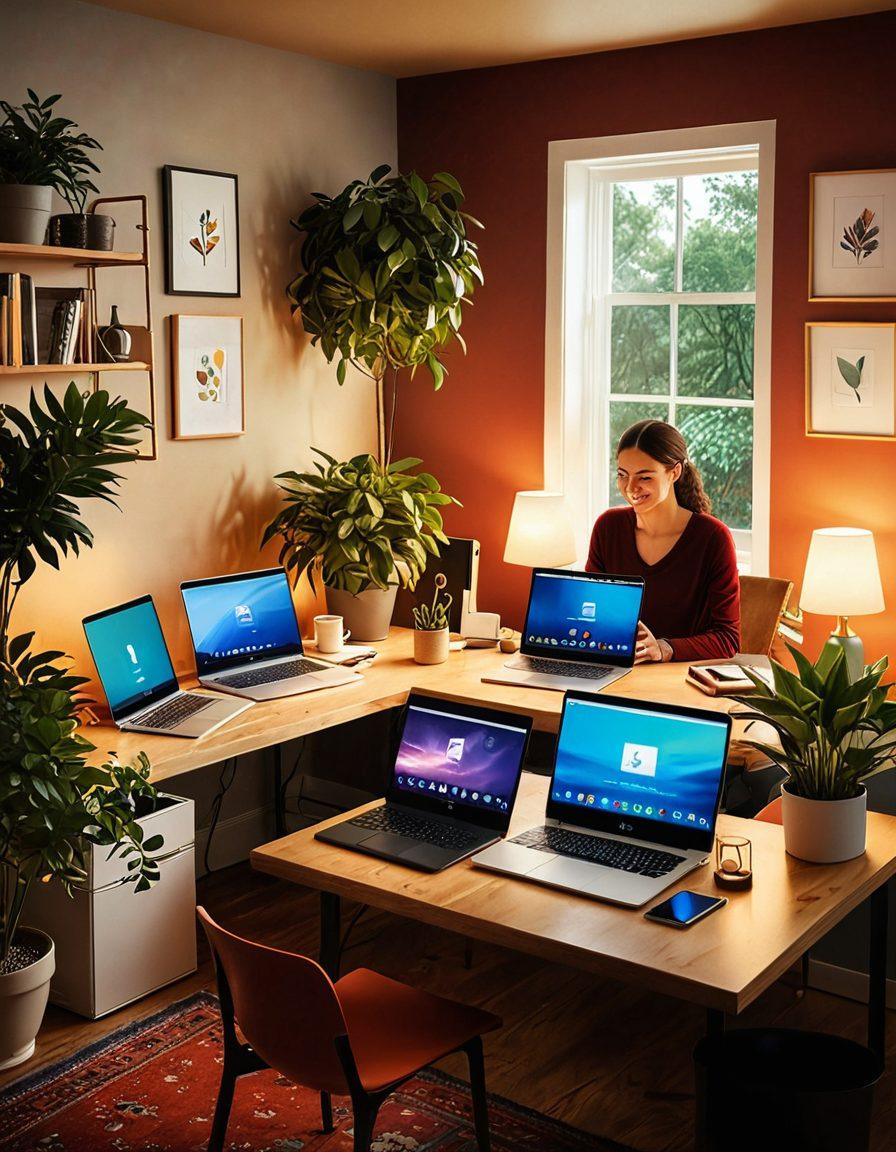 A serene scene depicting a diverse group of people, happily using software applications on various devices in a cozy, modern setting. Include visual elements like colorful icons representing user-friendly apps floating around them, symbolizing joy and convenience. Soft lighting to enhance a peaceful atmosphere; the background should reflect a harmonious home office space with plants and comfortable furniture. vibrant colors. super-realistic.